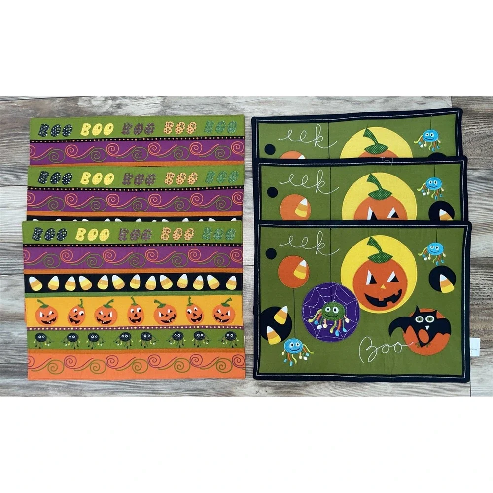 Kohl's Quilted Halloween Pumpkin Bat Placemats Cloth Set of 6 Multicolor